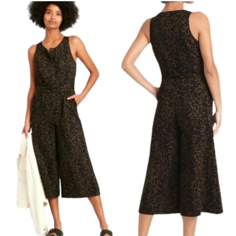 Banana Republic Black Brown Linen Blend Leopard Print Pocket Tie Waist Jumpsuit